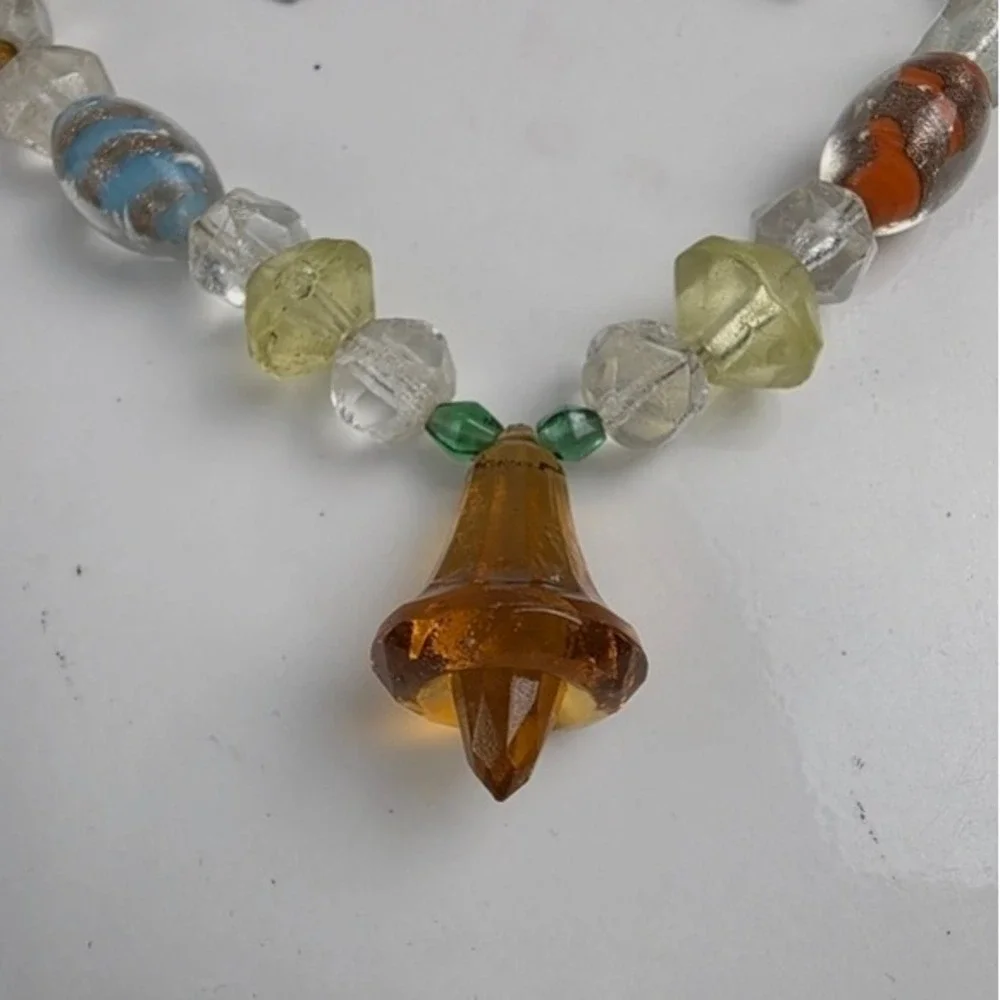 Handmade Beaded Necklace and Earrings Set Amber Bell Charm Colorful Glass Beads